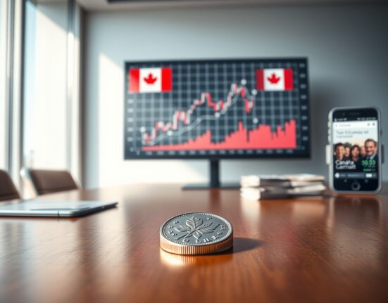 Canadian loonie coin and economic chart on a desk, representing monetary policy analysis.