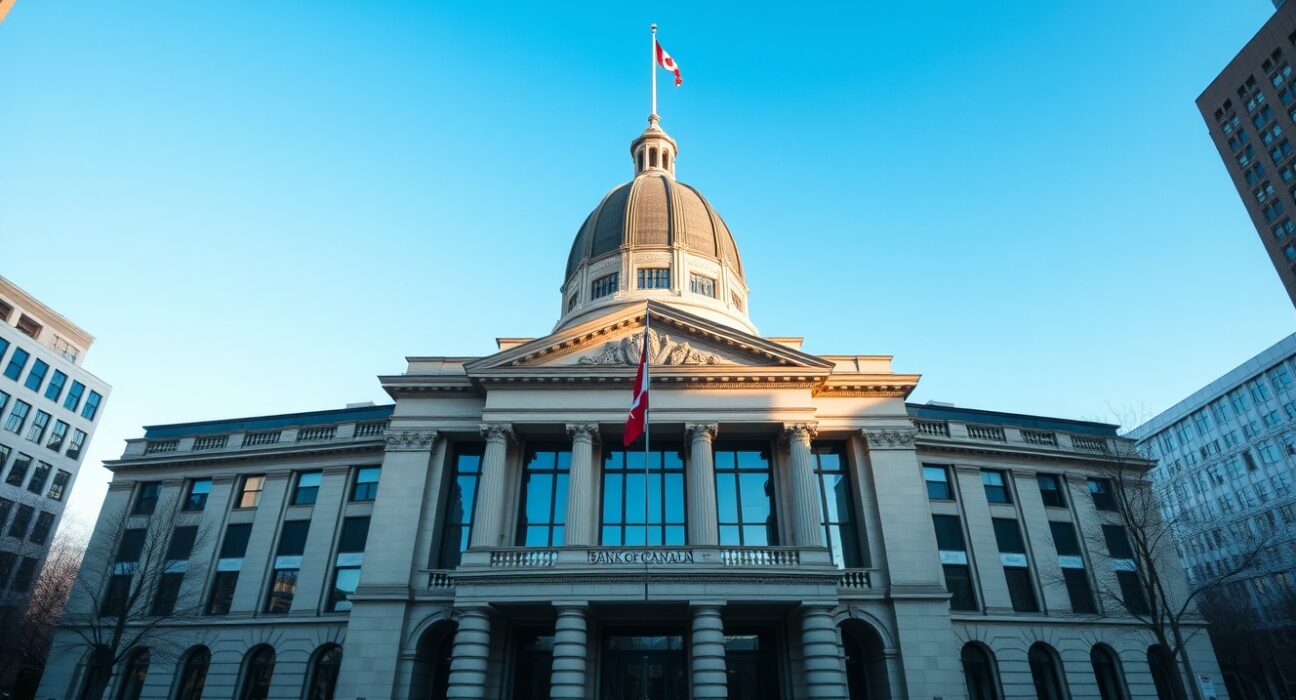 Bank of Canada building in Ottawa on a sunny day, with Canadian flag visible.
