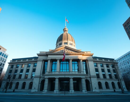 Bank of Canada building in Ottawa on a sunny day, with Canadian flag visible.