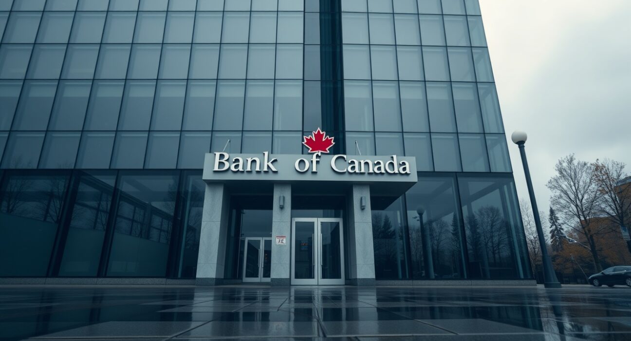 Exterior of the Bank of Canada building on a cloudy day in Ottawa.