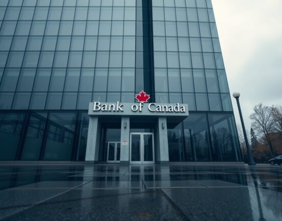 Exterior of the Bank of Canada building on a cloudy day in Ottawa.