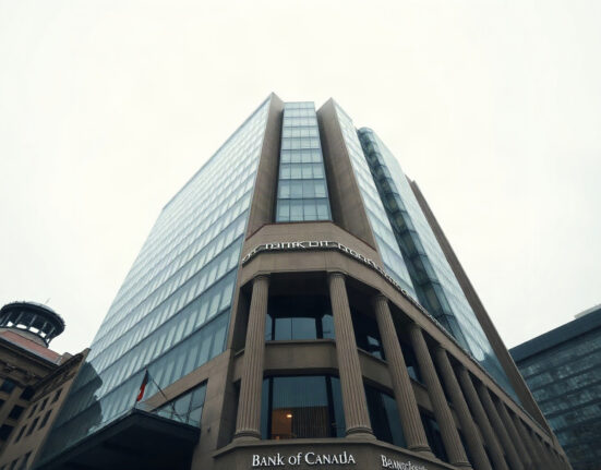 Bank of Canada headquarters building in Ottawa under a cloudy sky.