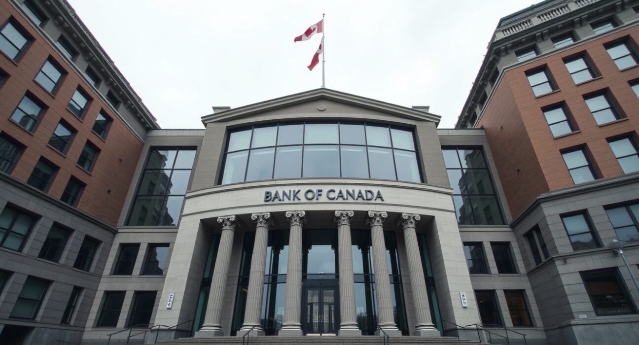 Bank of Canada headquarters in Ottawa, a modern glass building under overcast sky, representing financial regulation and policy.