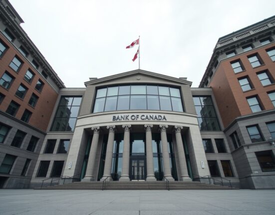 Bank of Canada headquarters in Ottawa, a modern glass building under overcast sky, representing financial regulation and policy.