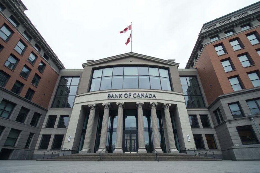Bank of Canada headquarters in Ottawa, a modern glass building under overcast sky, representing financial regulation and policy.