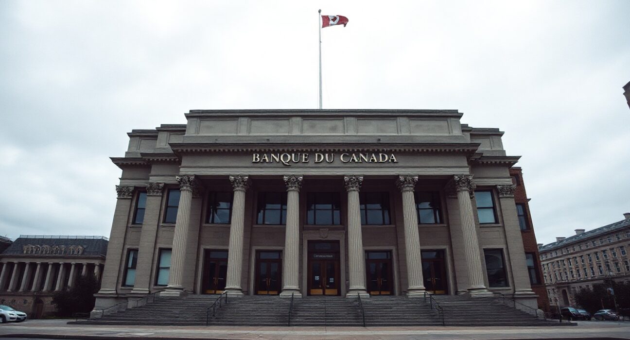 Bank of Canada building in Ottawa on a cloudy day, symbolizing monetary policy decisions.