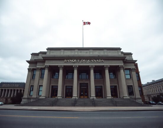 Bank of Canada building in Ottawa on a cloudy day, symbolizing monetary policy decisions.