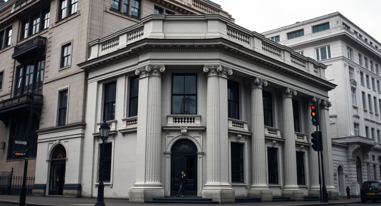 Exterior of the Bank of England building in London on an overcast day.