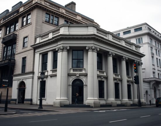 Exterior of the Bank of England building in London on an overcast day.