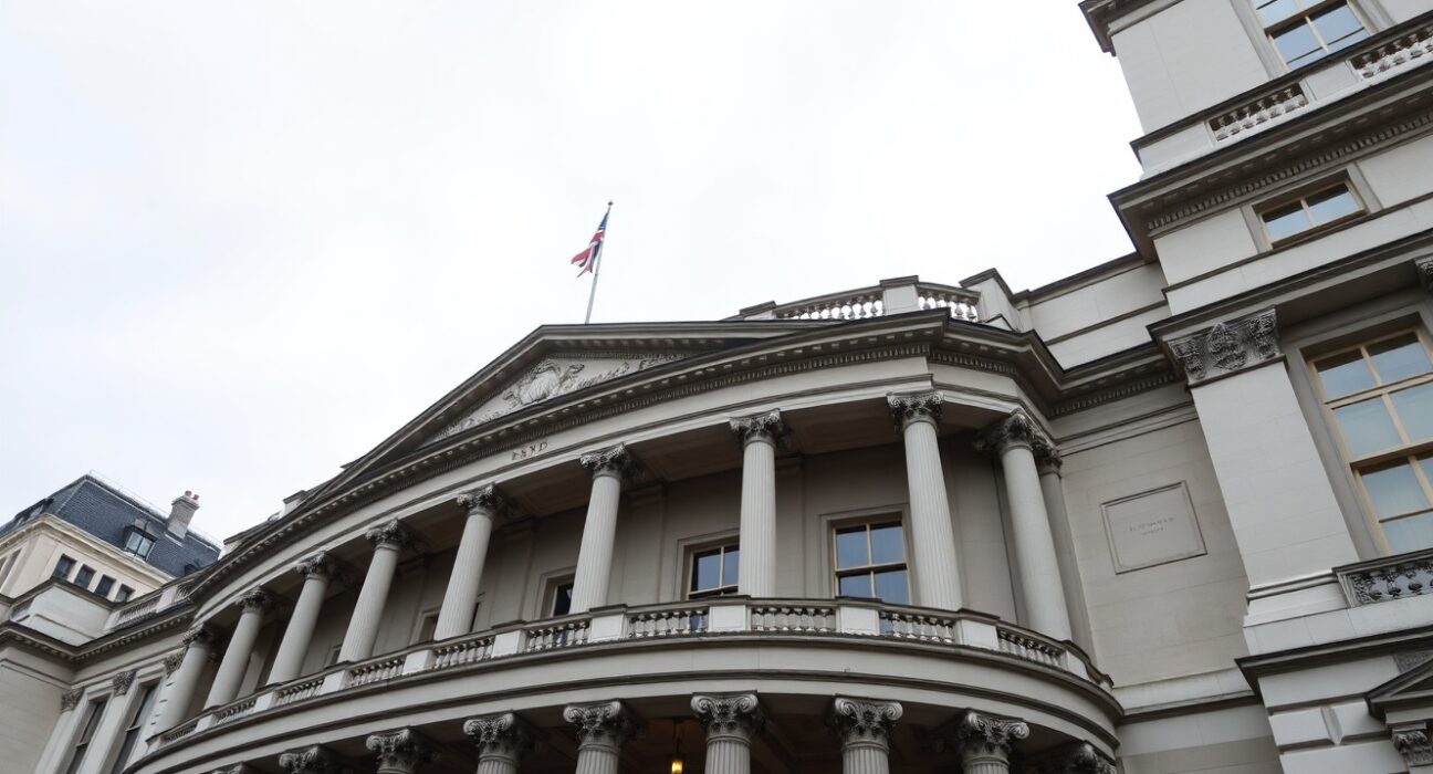 Bank of England building on Threadneedle Street, London, on a cloudy day.