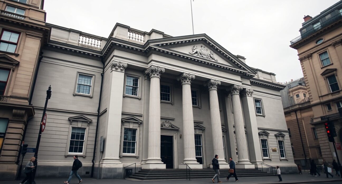 Bank of England building on a cloudy day in London, symbolizing monetary policy stability.