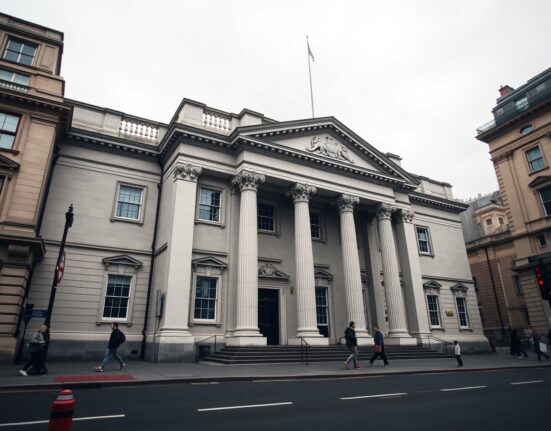 Bank of England building on a cloudy day in London, symbolizing monetary policy stability.