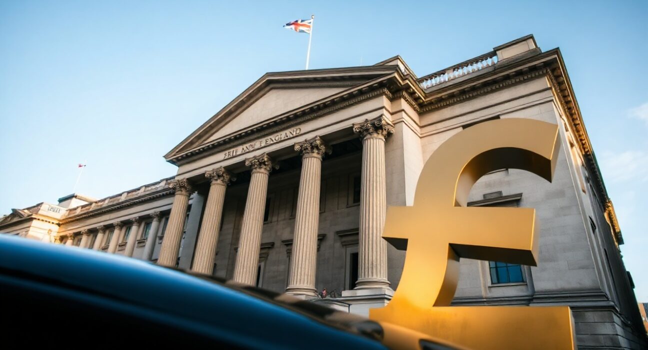 Bank of England building in London with a British pound symbol in the foreground.