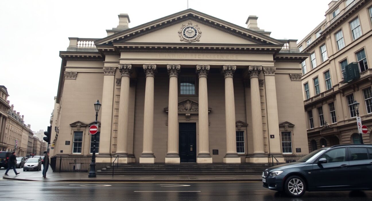 Bank of England building in London on a cloudy day, representing UK monetary policy decision.