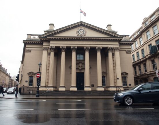 Bank of England building in London on a cloudy day, representing UK monetary policy decision.