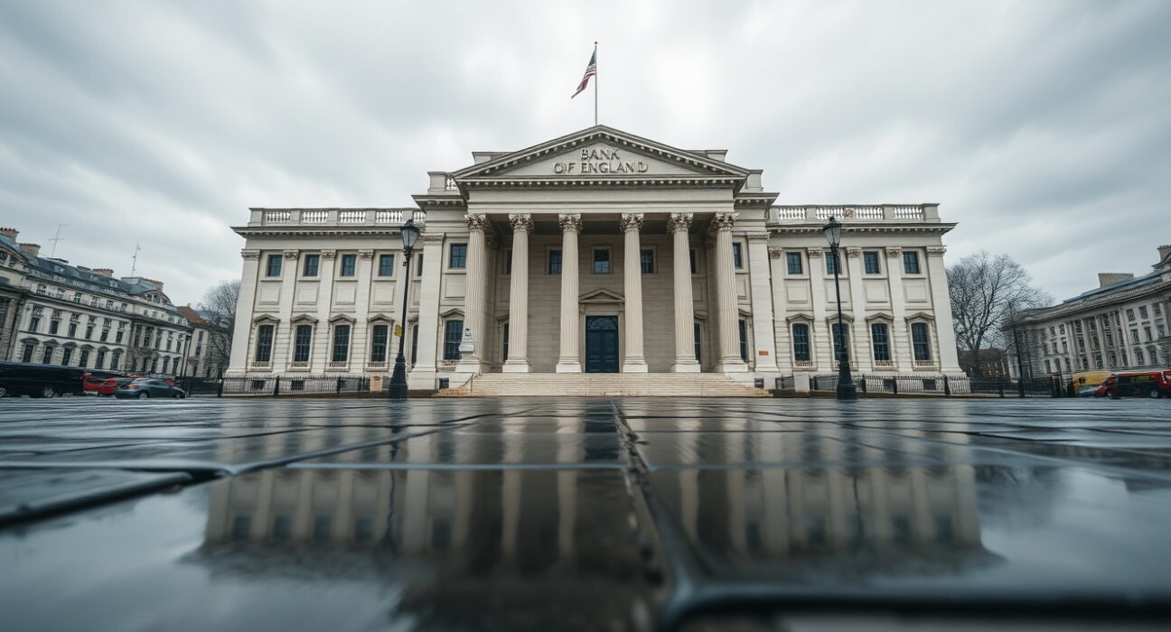 Exterior view of the Bank of England building in London under overcast skies, reflecting in a wet pavement.