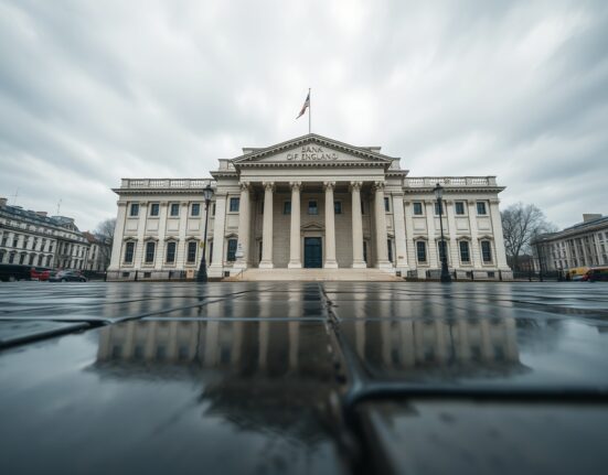 Exterior view of the Bank of England building in London under overcast skies, reflecting in a wet pavement.