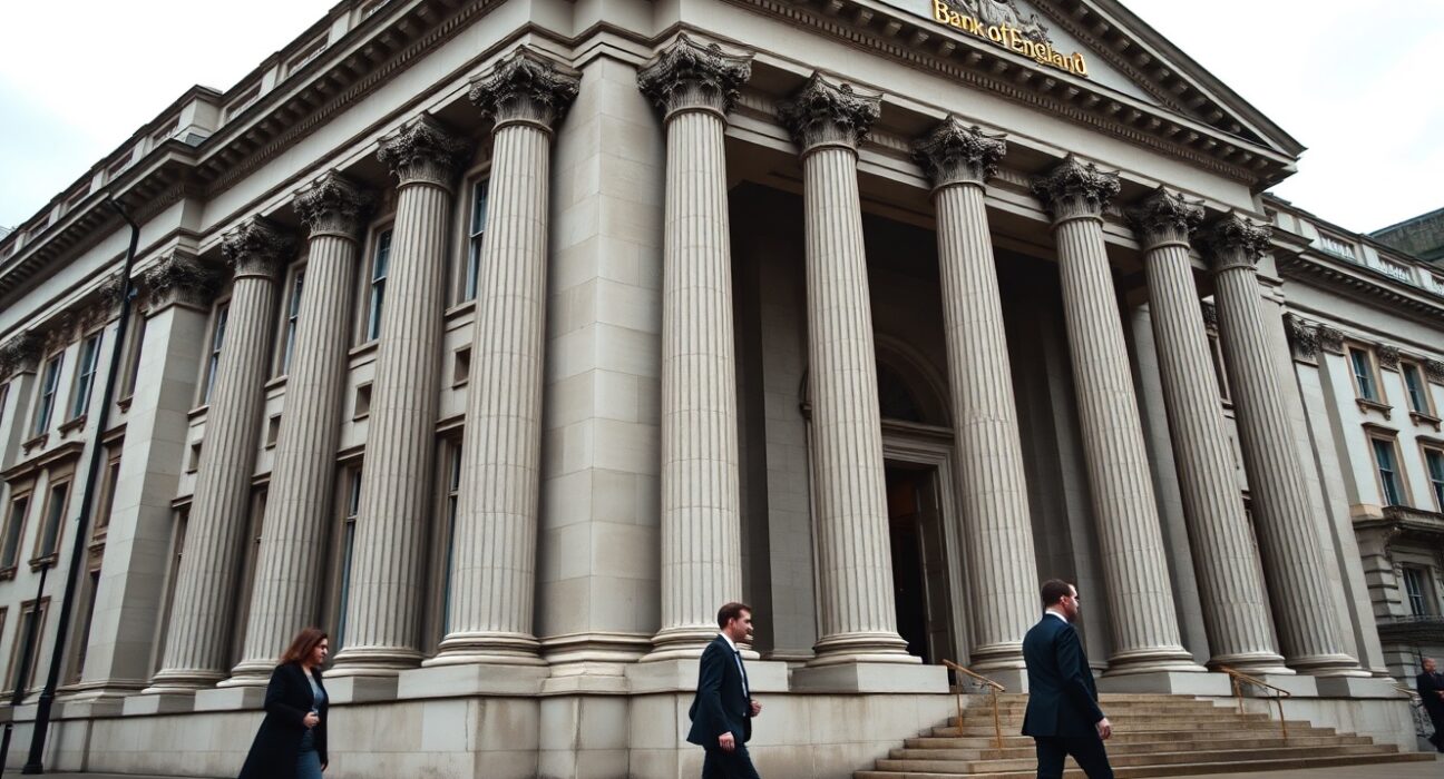 Bank of England building in London on a cloudy day, representing the central bank's monetary policy decision.