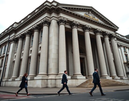 Bank of England building in London on a cloudy day, representing the central bank's monetary policy decision.
