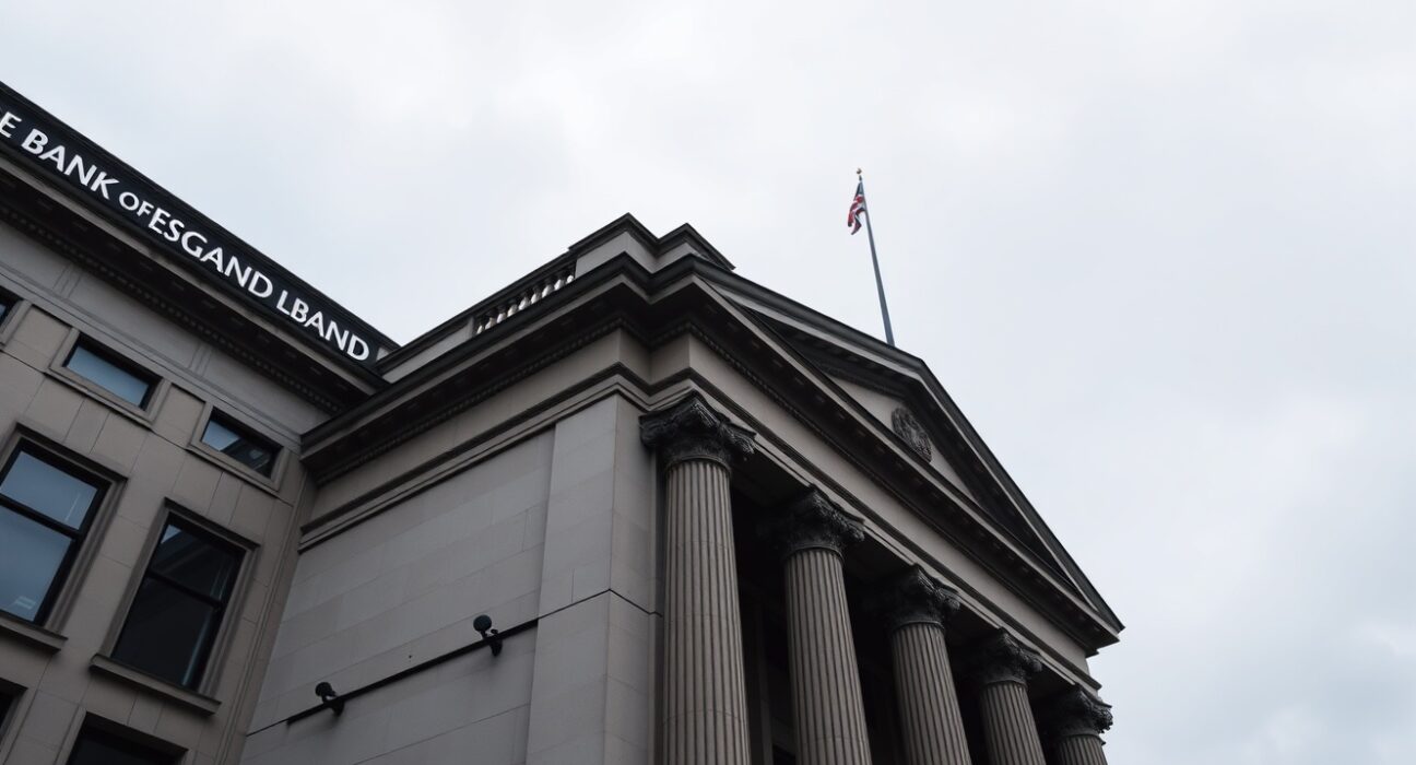 Exterior of the Bank of England building in London on a cloudy day
