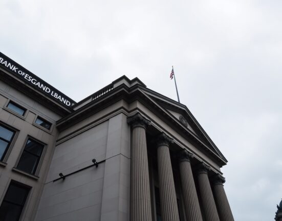 Exterior of the Bank of England building in London on a cloudy day