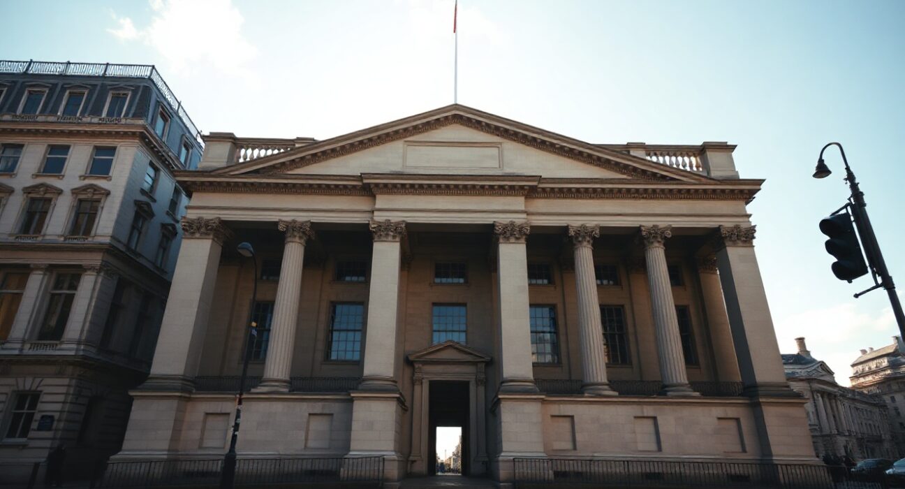 Bank of England building in London on a clear morning, symbolizing monetary policy stability