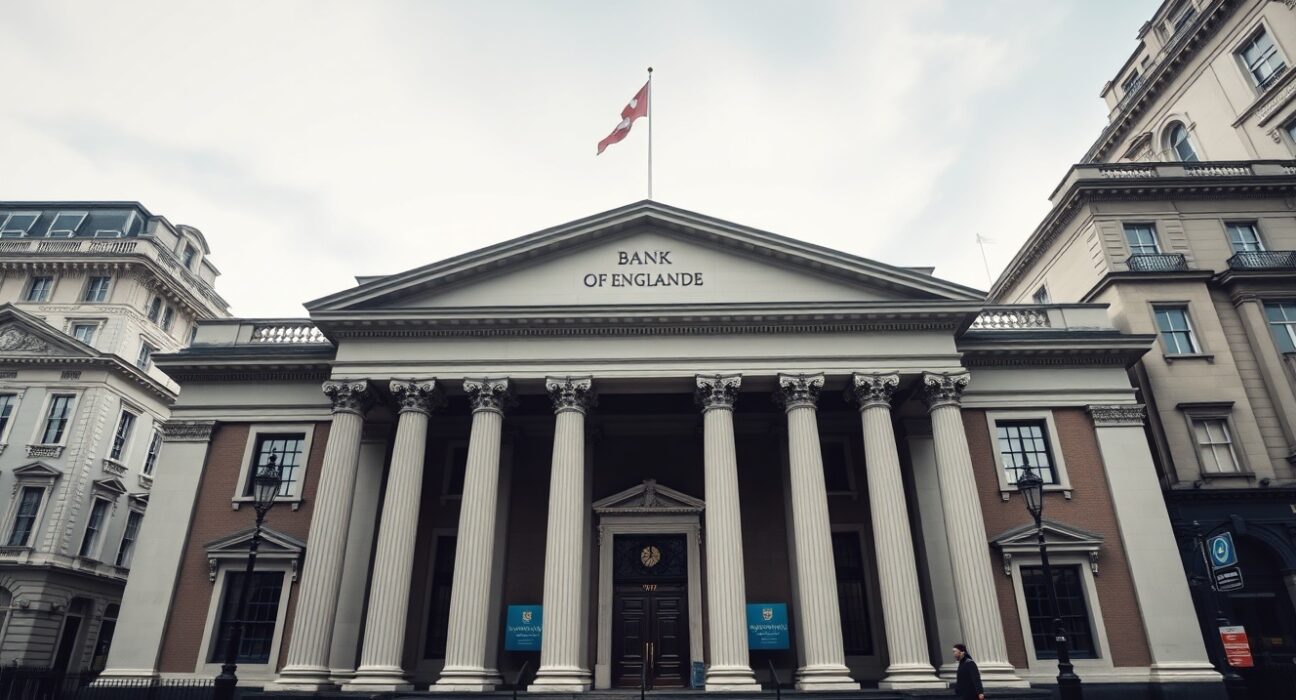 Bank of England headquarters in London on a cloudy morning, with pedestrians walking past.