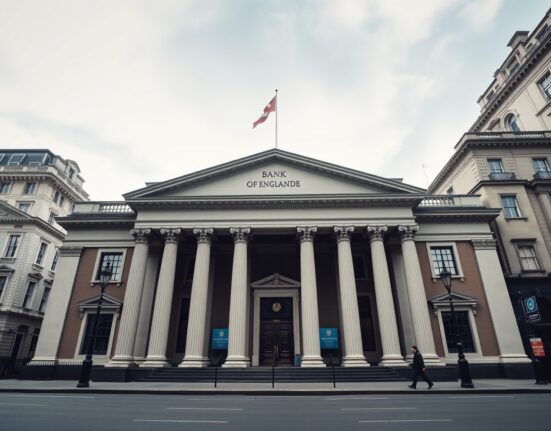 Bank of England headquarters in London on a cloudy morning, with pedestrians walking past.