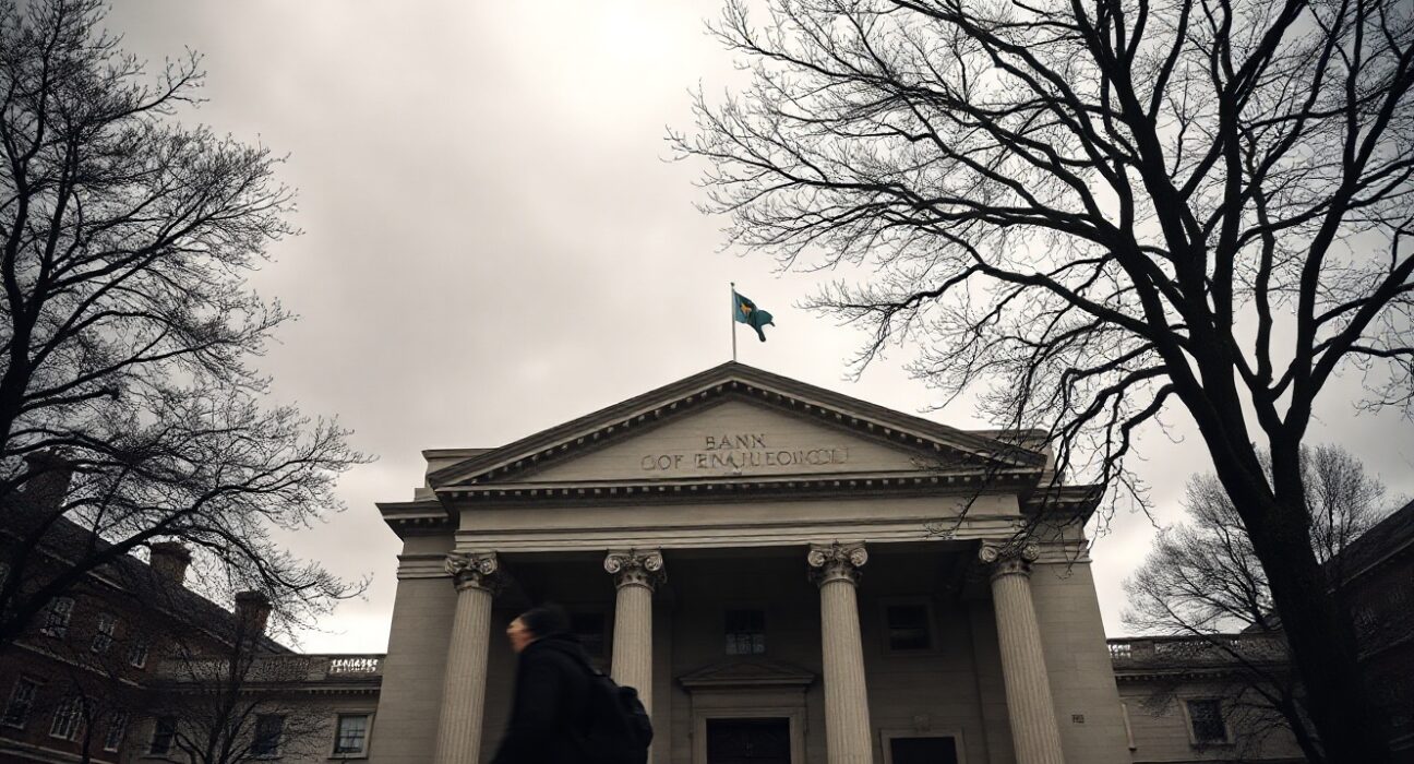 Bank of England building under cloudy sky with pedestrian in foreground