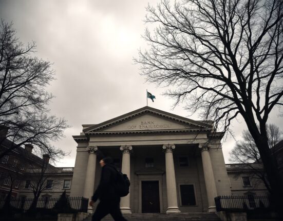 Bank of England building under cloudy sky with pedestrian in foreground