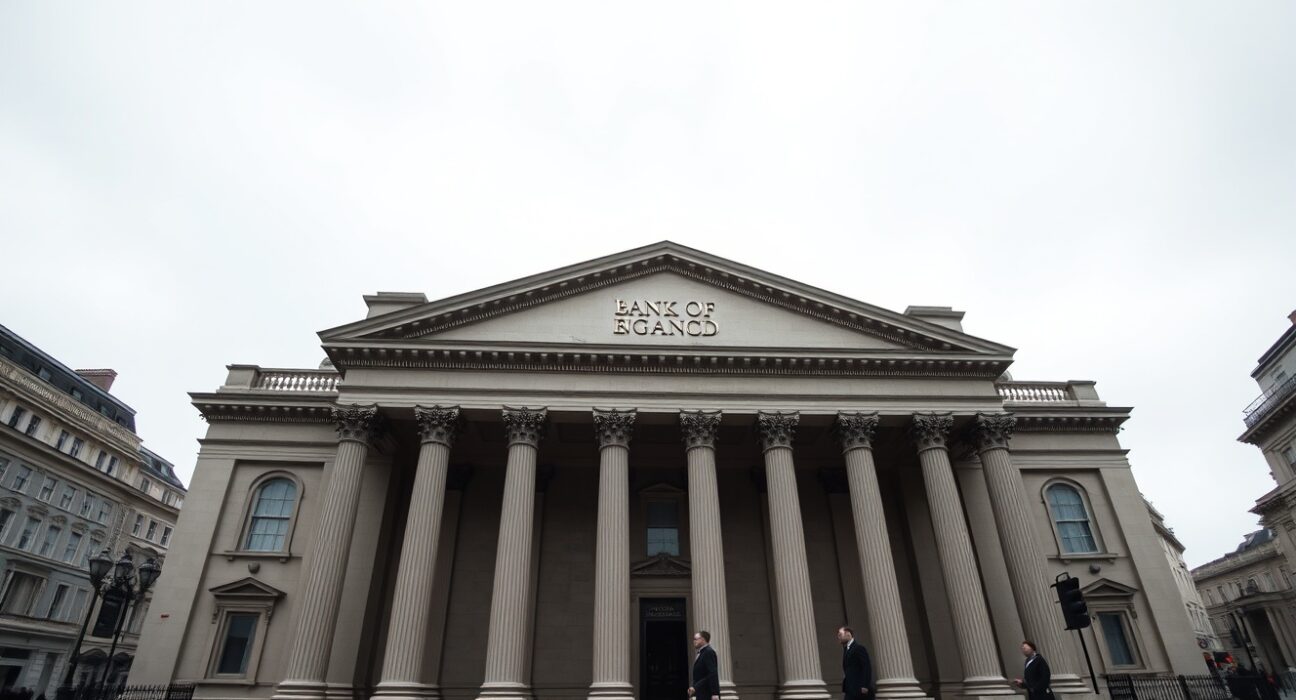 Bank of England headquarters in London on a cloudy day, representing UK monetary policy and interest rate decisions.