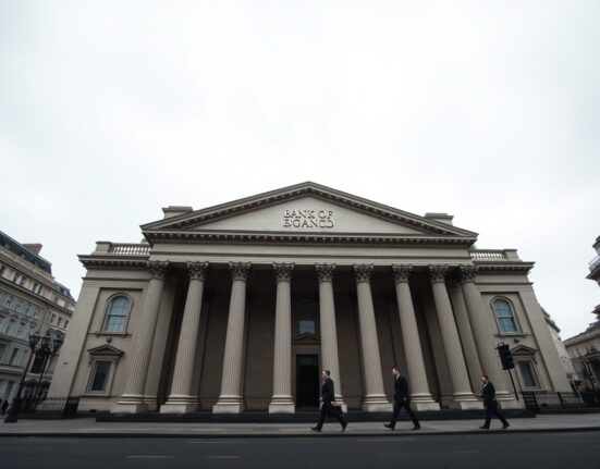Bank of England headquarters in London on a cloudy day, representing UK monetary policy and interest rate decisions.