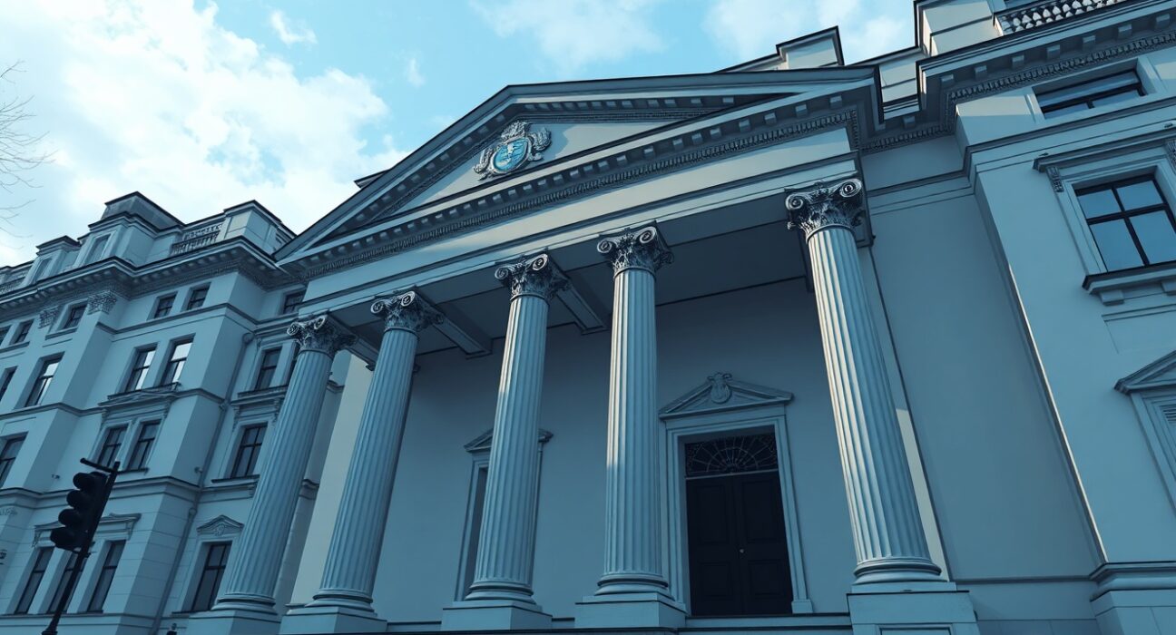 Exterior of the Bank of England building on a cloudy winter day