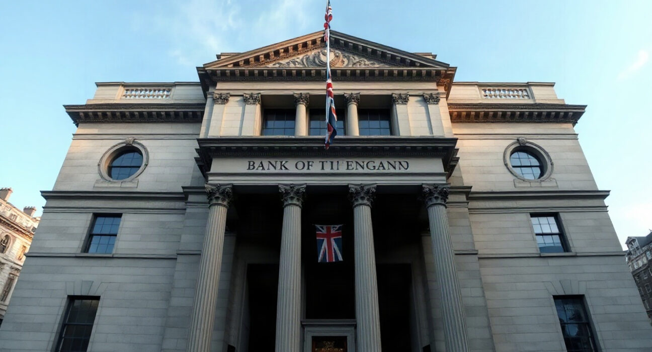 Bank of England building in London on a clear day, symbolizing UK monetary policy.
