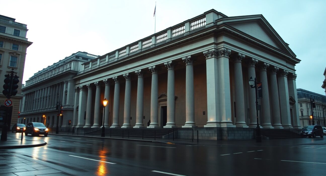 Exterior of the Bank of England building in London under overcast sky