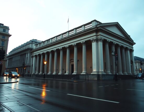 Exterior of the Bank of England building in London under overcast sky