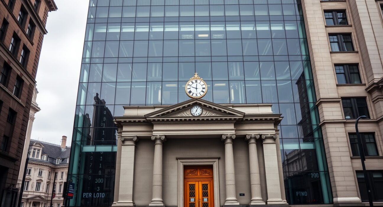 Bank of England building in London with subtle digital overlay representing stablecoin regulation
