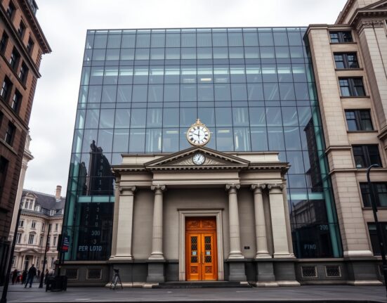 Bank of England building in London with subtle digital overlay representing stablecoin regulation