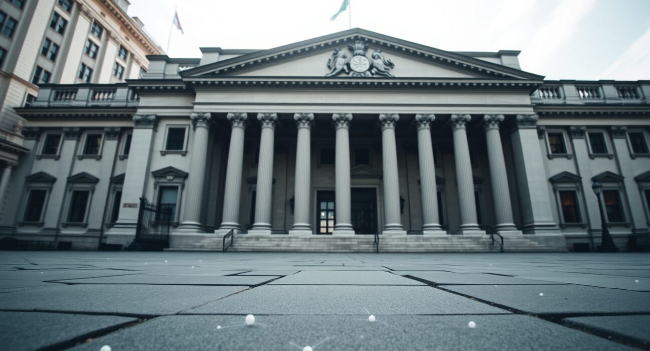Bank of England building exterior with digital currency symbols in foreground