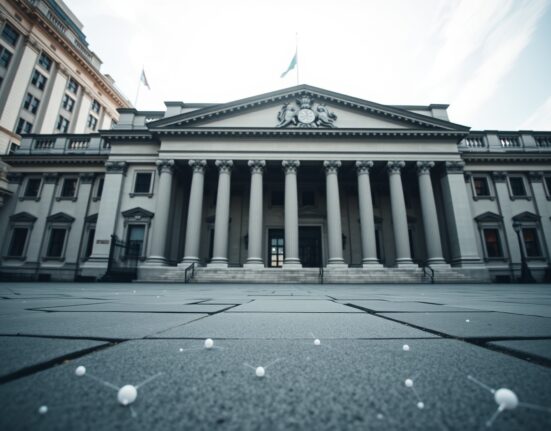 Bank of England building exterior with digital currency symbols in foreground