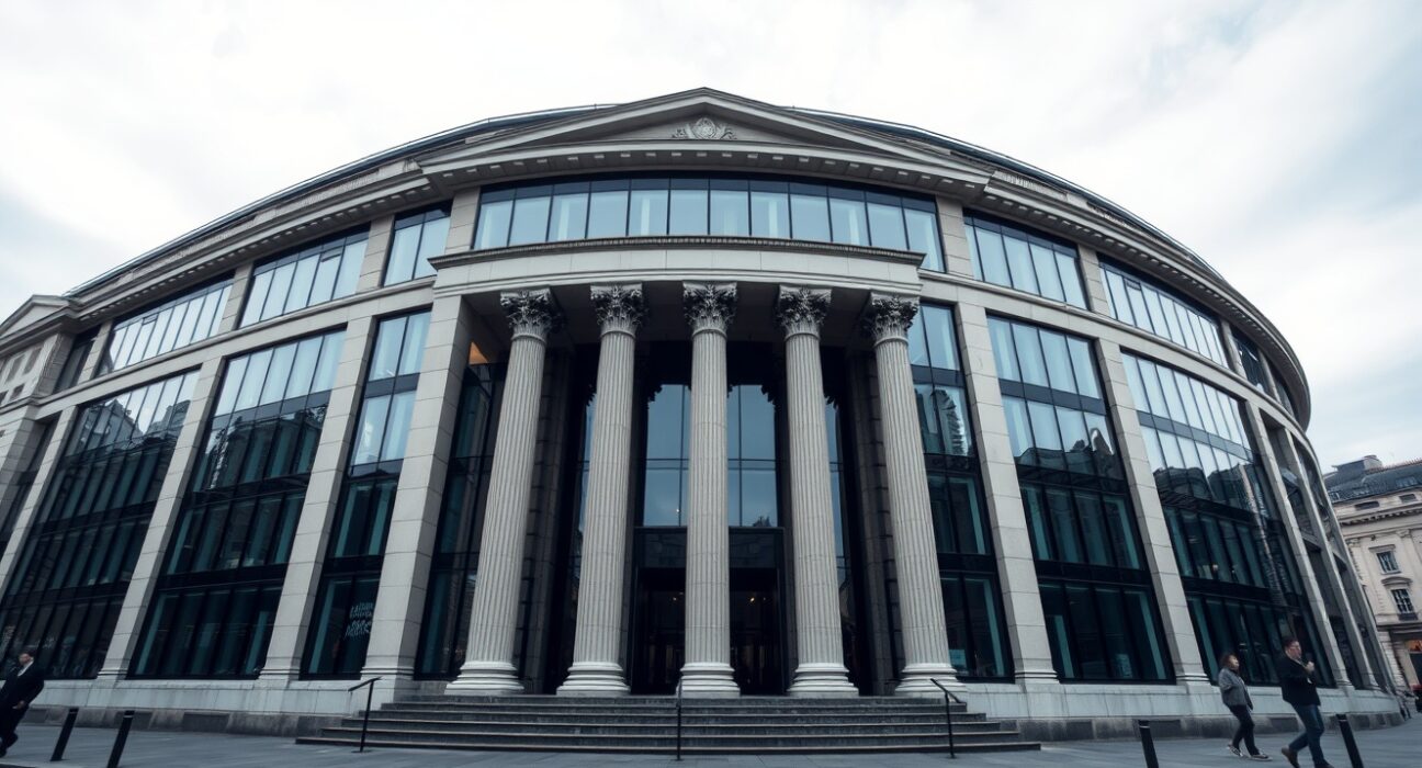 Bank of England headquarters in London on a cloudy day, representing financial regulation and stablecoin policy.