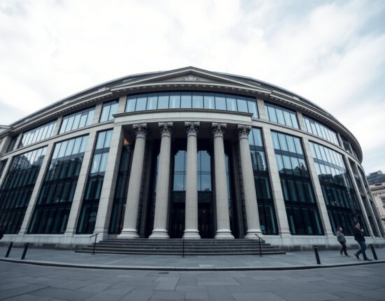 Bank of England headquarters in London on a cloudy day, representing financial regulation and stablecoin policy.