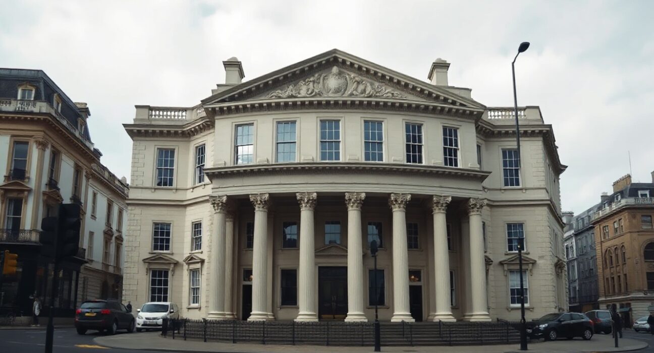 Exterior view of the Bank of England building in London on a cloudy day