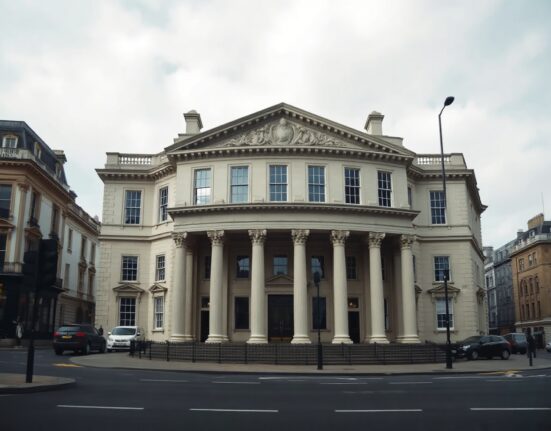 Exterior view of the Bank of England building in London on a cloudy day