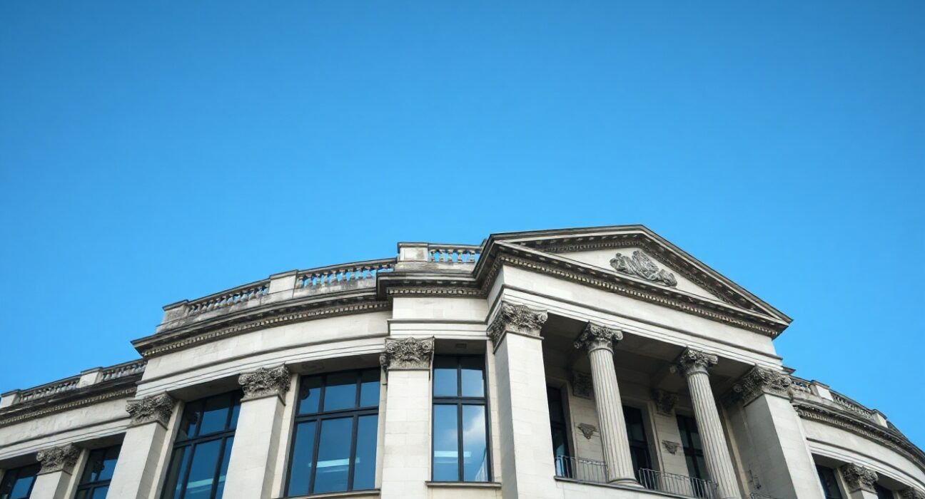 Bank of England building with digital payment symbols overlay