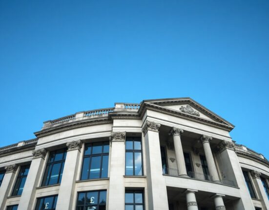 Bank of England building with digital payment symbols overlay