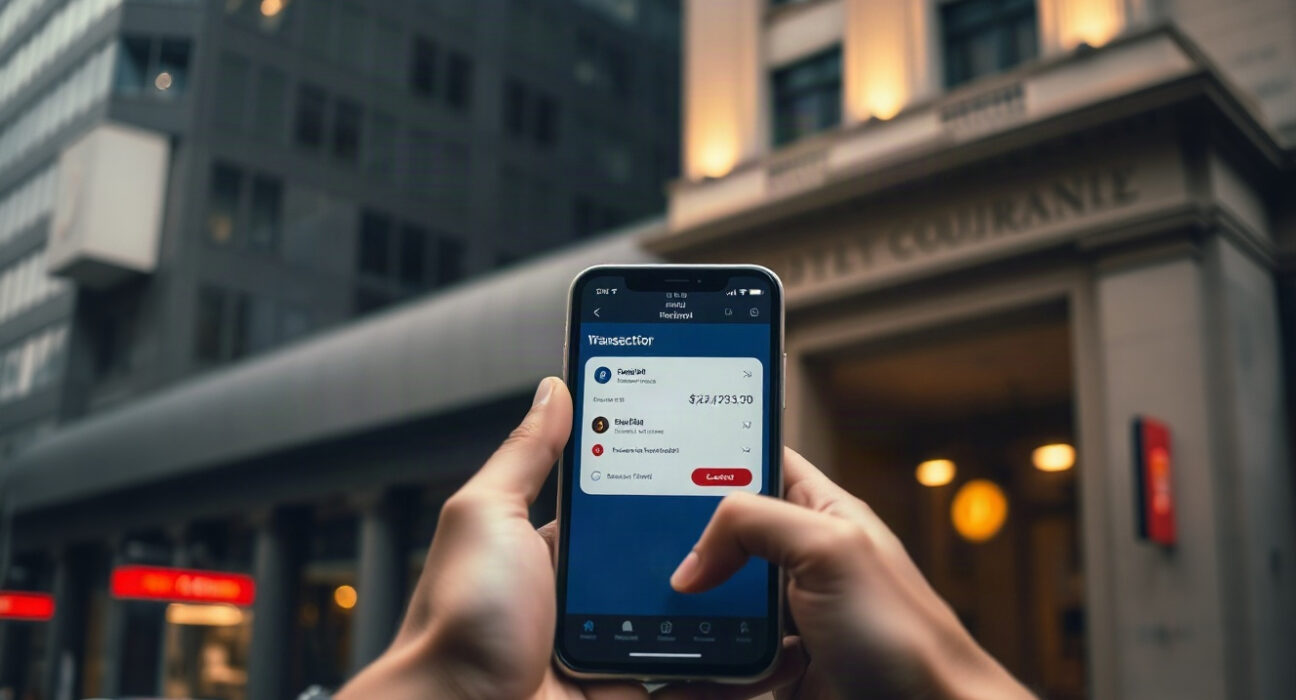 Person using a smartphone with a crypto wallet app in a financial district, illustrating stablecoin remittance costs.