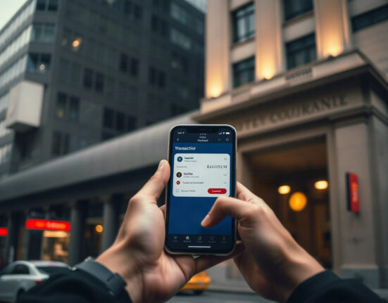 Person using a smartphone with a crypto wallet app in a financial district, illustrating stablecoin remittance costs.