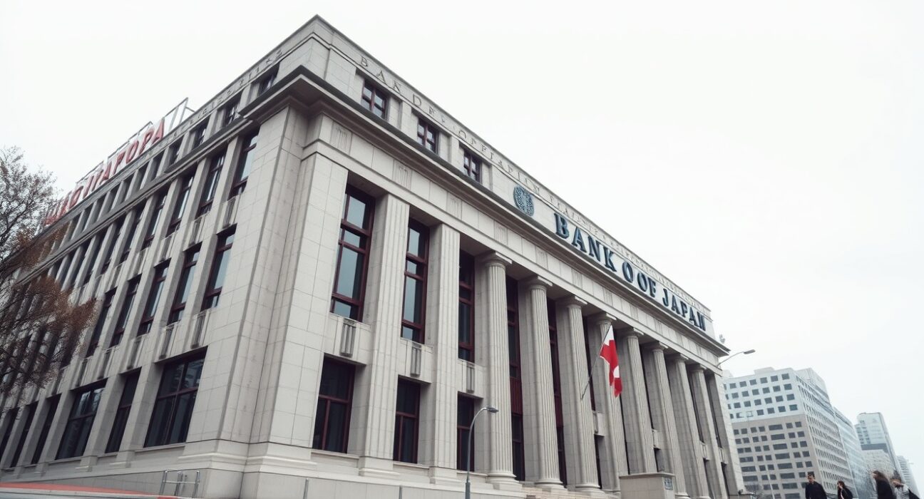 Bank of Japan headquarters in Tokyo, Nihonbashi, under an overcast sky, representing monetary policy analysis.