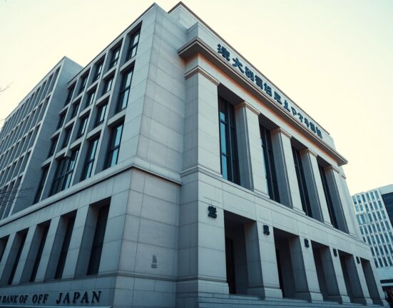 Bank of Japan headquarters building in Tokyo, with the national flag on top, under a clear sky.